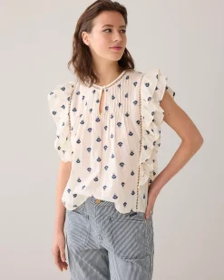 Outlet Cotton top with embroidered flowers Oberteile & T-shirts