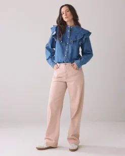 Discount Denim blouse with puff sleeves Blusen