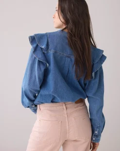 Discount Denim blouse with puff sleeves Blusen